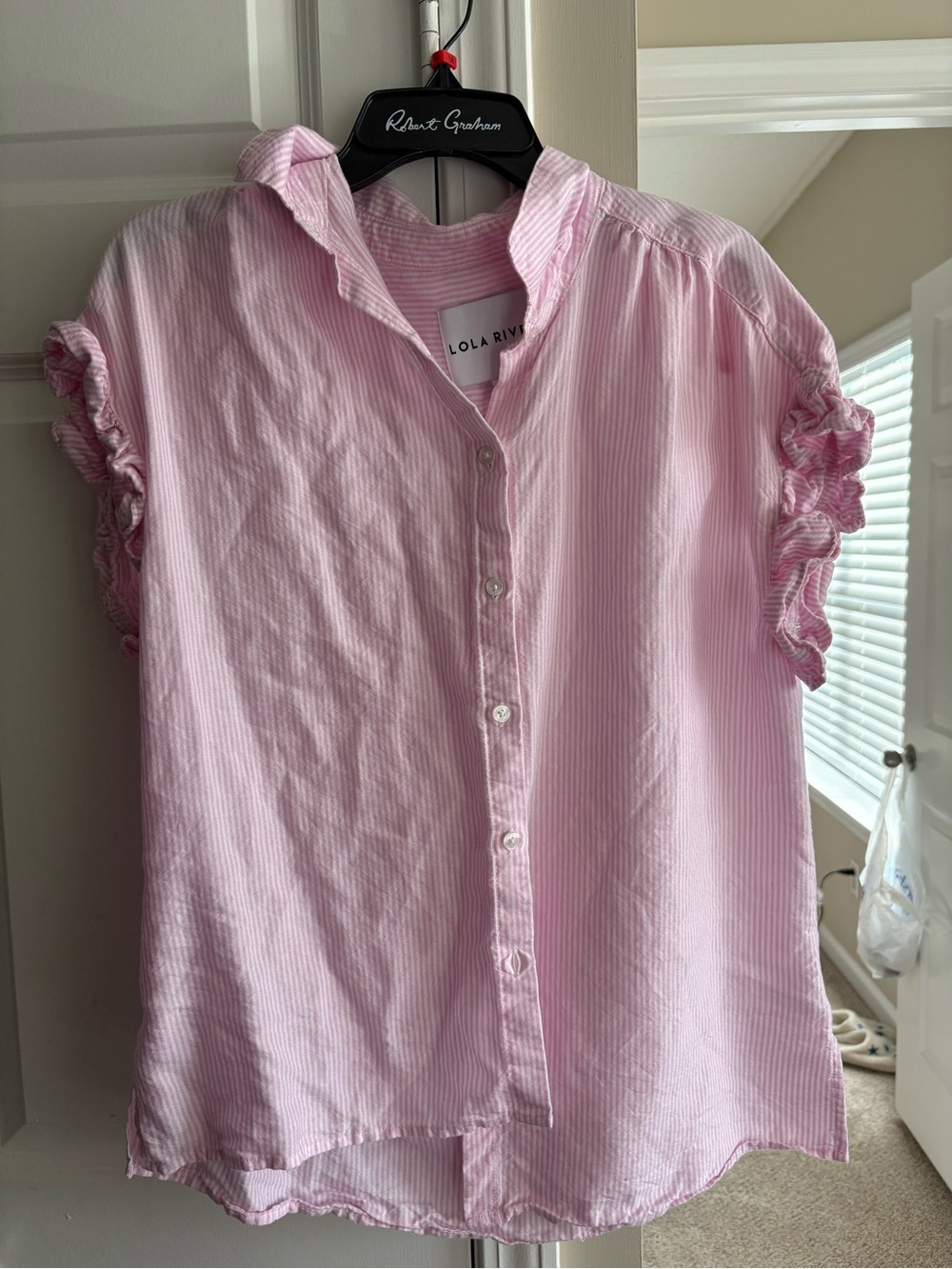 Lola Rive Pink Striped Ruffle-Sleeve Button Blouse